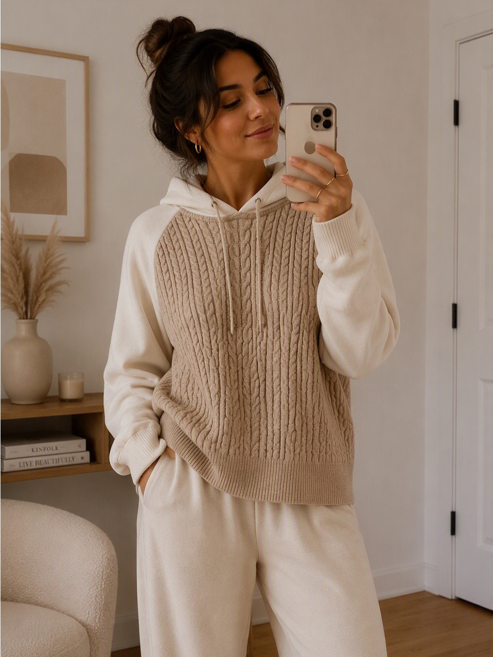 Tristan Beige and Cream Cable Knit Women's Sweater